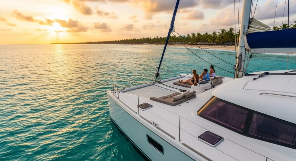 Catamaran cruising Negril at sunset, golden skies reflecting on turquoise waters, guests relaxing on deck, with white sandy beaches and palm trees.