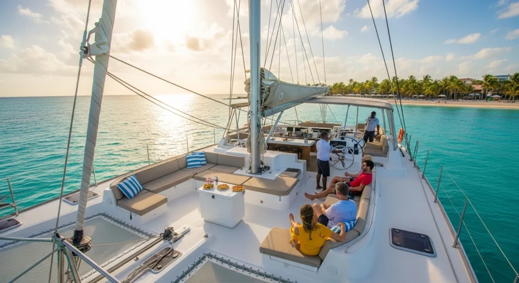 Full view of a luxury adults-only catamaran in Negril, with spacious deck seating, open bar, guests relaxing, crew attending, turquoise waters, and palm-lined coastline.