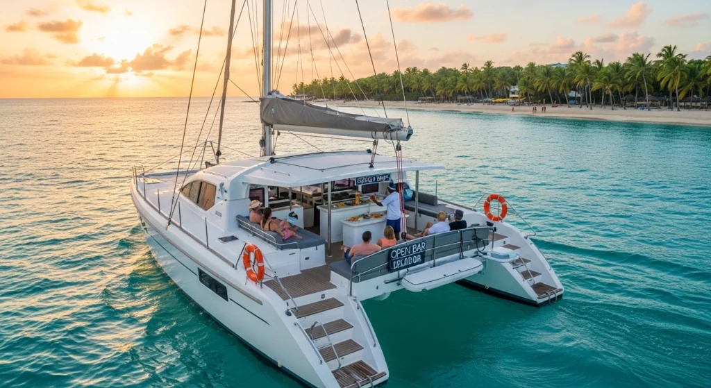 Catamaran sailing Negril at sunset, with guests relaxing on deck, friendly crew, turquoise waters, and palm-lined beaches in the background.