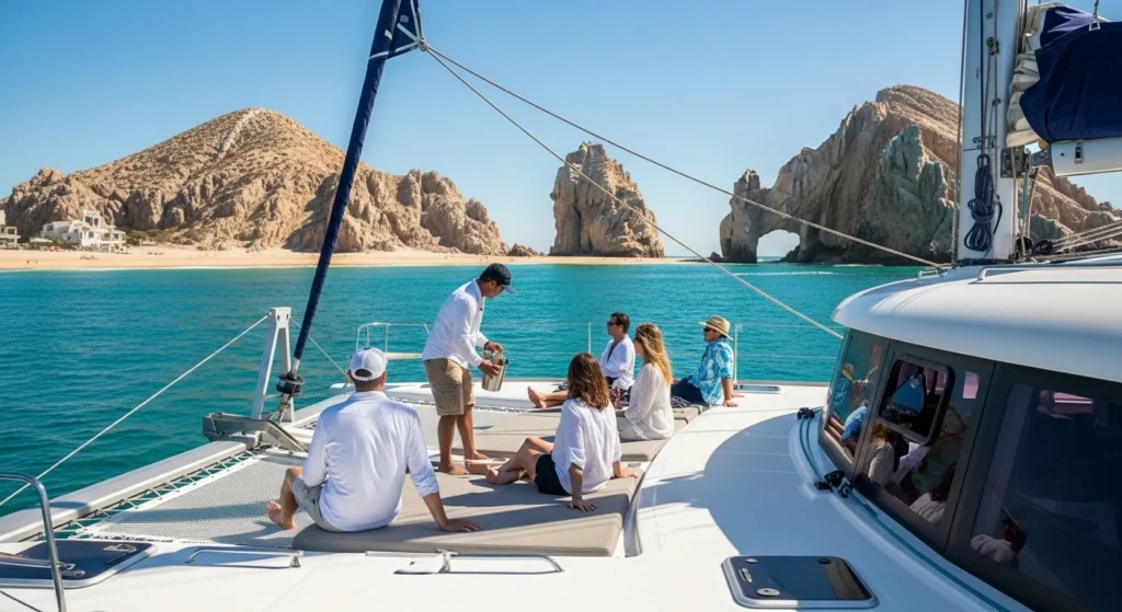 Guests relaxing on a private catamaran yacht while sailing past El Arco near Lover’s Beach in Cabo San Lucas.