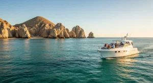Private yacht cruising near El Arco along the coastline of Cabo San Lucas with clear turquoise water and travelers relaxing on deck during sunset.
