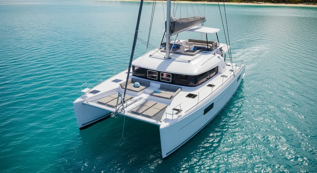 Private catamaran in calm turquoise waters near Puerto Plata, Dominican Republic, showing spacious deck, sunbathing nets, and seating areas for small groups, with a tropical coastline in the background.