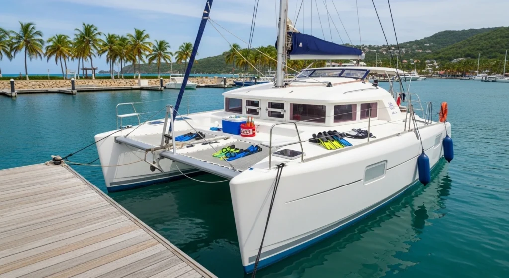 Private white catamaran docked at a calm marina in Puerto Plata, Dominican Republic, prepared for a snorkeling tour with clear turquoise Caribbean water and tropical coastline in the background.