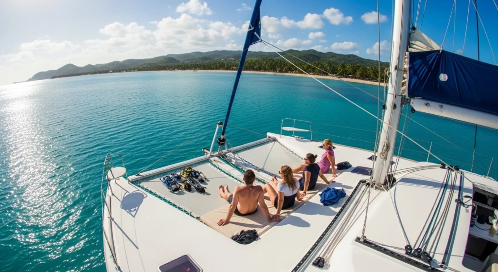 Puerto Plata private catamaran sailing on calm turquoise Caribbean water with people relaxing on deck near the Dominican Republic coastline.