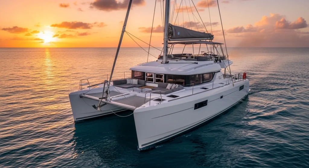 Luxury catamaran sailing at sunset in Punta Cana with BBQ setup and champagne on deck overlooking calm Caribbean waters.