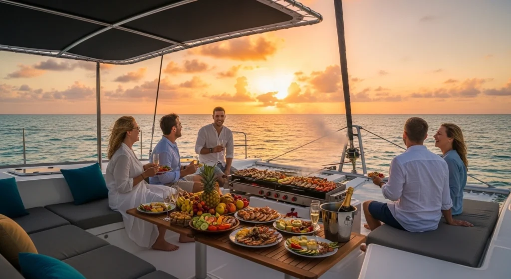 Guests enjoying a sunset catamaran cruise in Punta Cana with BBQ dinner and champagne on the deck overlooking the Caribbean ocean.