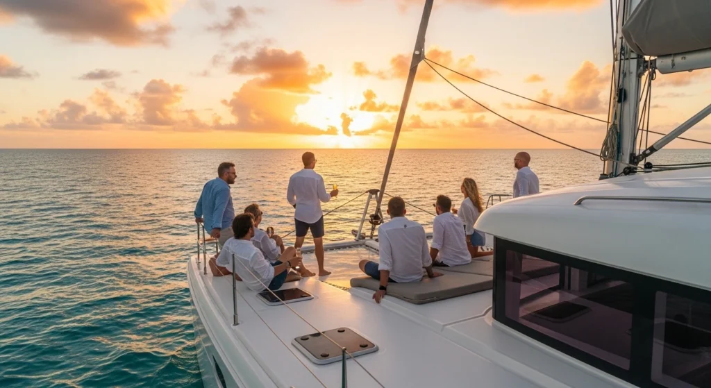 Private sunset catamaran tour in Punta Cana with a group of adults relaxing on deck and watching the Caribbean sunset over calm ocean waters.