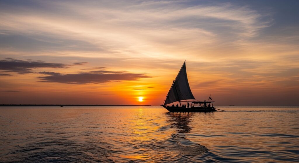 Silhouette of a traditional dhow sailing on calm ocean water during a golden sunset near Kendwa, Zanzibar, creating a peaceful sunset cruise scene.