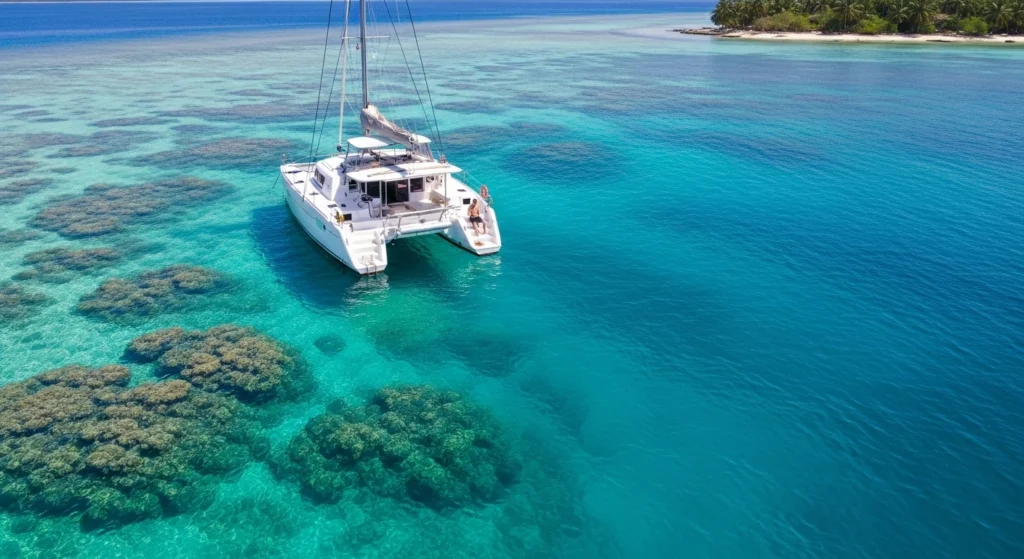 Catamaran sailing in clear turquoise water near Tumbatu Island, Zanzibar with visible coral reefs and tropical island coastline.