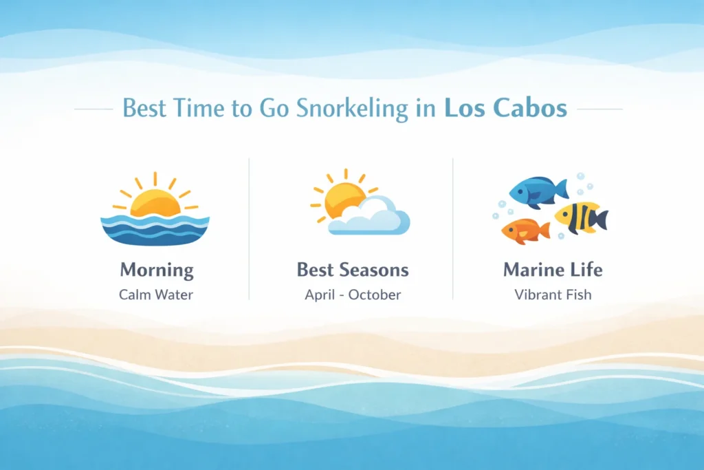 Best Time to Go Snorkeling in Los Cabos' with soft ocean blue, sandy beige, and white colors. Three sections: 'Morning – Calm Water' with a sun rising over waves icon, 'Best Seasons – April to October