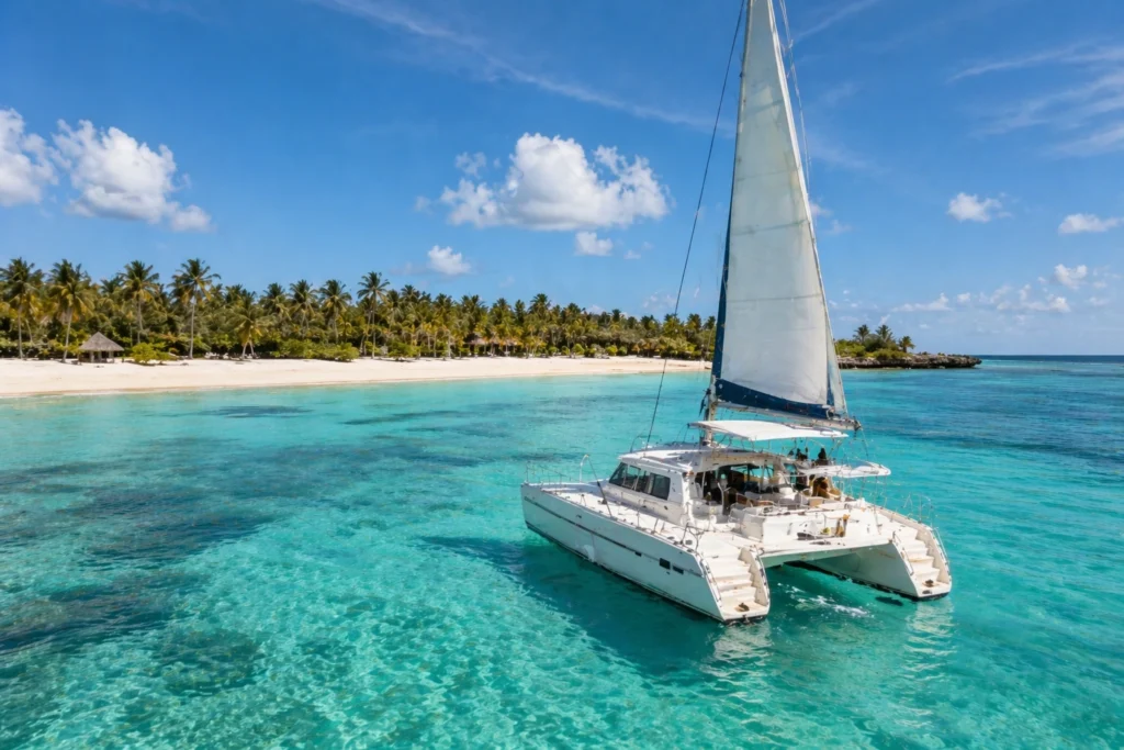 Catamaran sailing on calm turquoise waters near a tropical Zanzibar coastline with white sandy beach, palm trees, and clear blue sky during ideal travel season conditions.