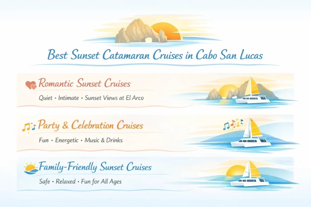 infographic showing the best sunset catamaran cruises in Cabo San Lucas, divided into three sections: Romantic Sunset Cruises with heart icon, Party & Celebration Cruises with music notes icon, and Family-Friendly Sunset Cruises with sun and boat icon. Each section includes concise descriptions and a small catamaran illustration.