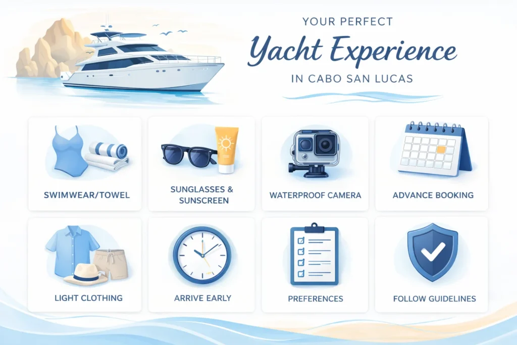 Minimalist yacht experience infographic with essential item icons in soft blue and beige tones