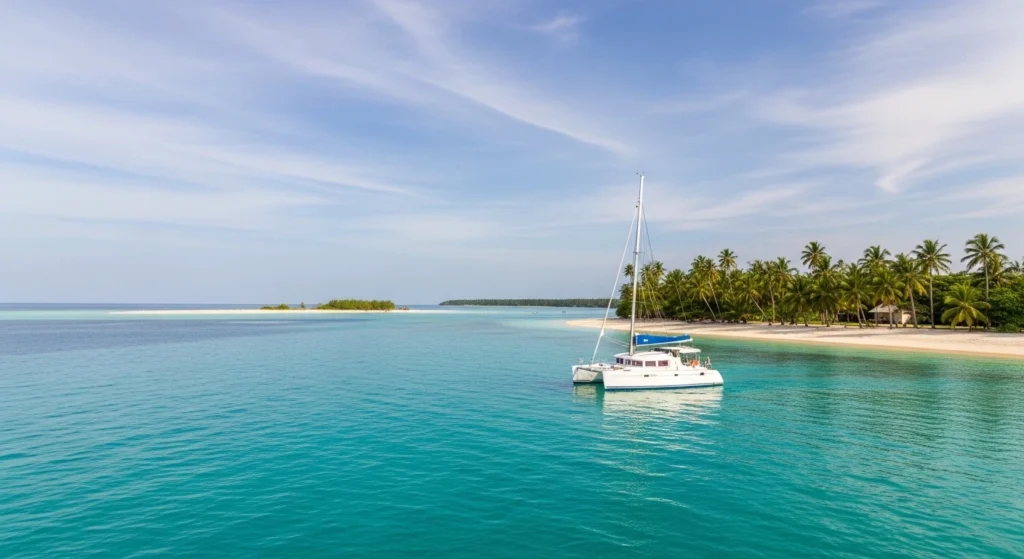 Catamaran sailing on clear turquoise water near white sand beaches during the best months to travel to Zanzibar