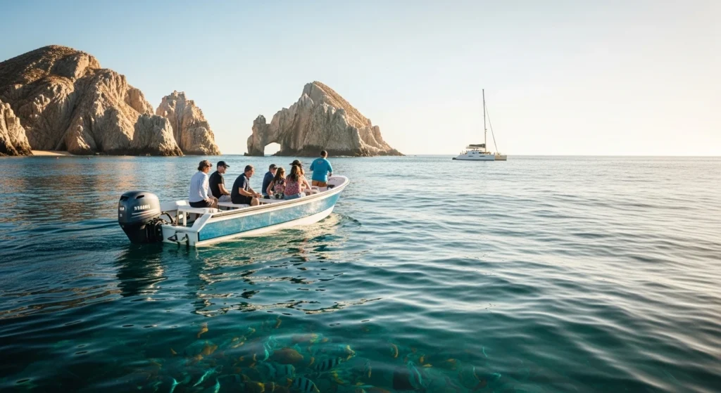 Cabo San Lucas arch boat tour with a glass-bottom boat near El Arco showing clear water and fish below.