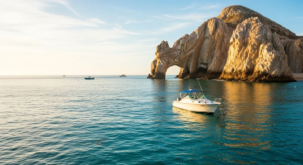 Early morning view of the Cabo San Lucas Arch with a small boat on calm, clear blue water, soft sunlight reflecting on the ocean, and a peaceful, uncrowded atmosphere ideal for a relaxing boat tour.