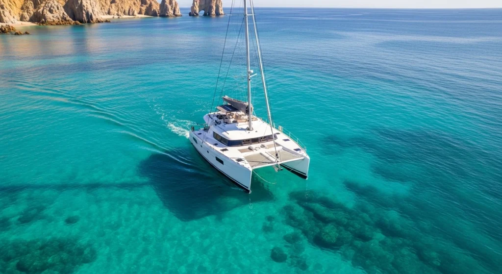 Aerial view of a Cabo catamaran cruise showing dual hull design sailing over clear turquoise water near the Cabo coastline