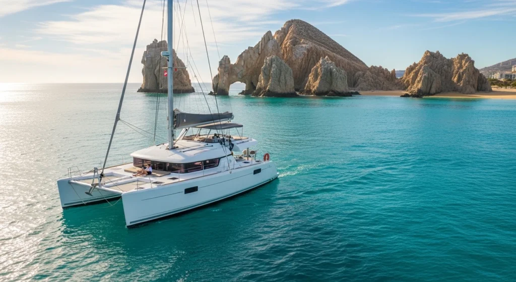 Luxury Cabo catamaran cruise sailing near El Arco with calm turquoise water and scenic coastal views in Cabo San Lucas
