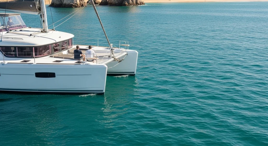 Cabo catamaran cruise sailing near El Arco with a calm ocean and a small group enjoying a private and relaxed boat tour experience