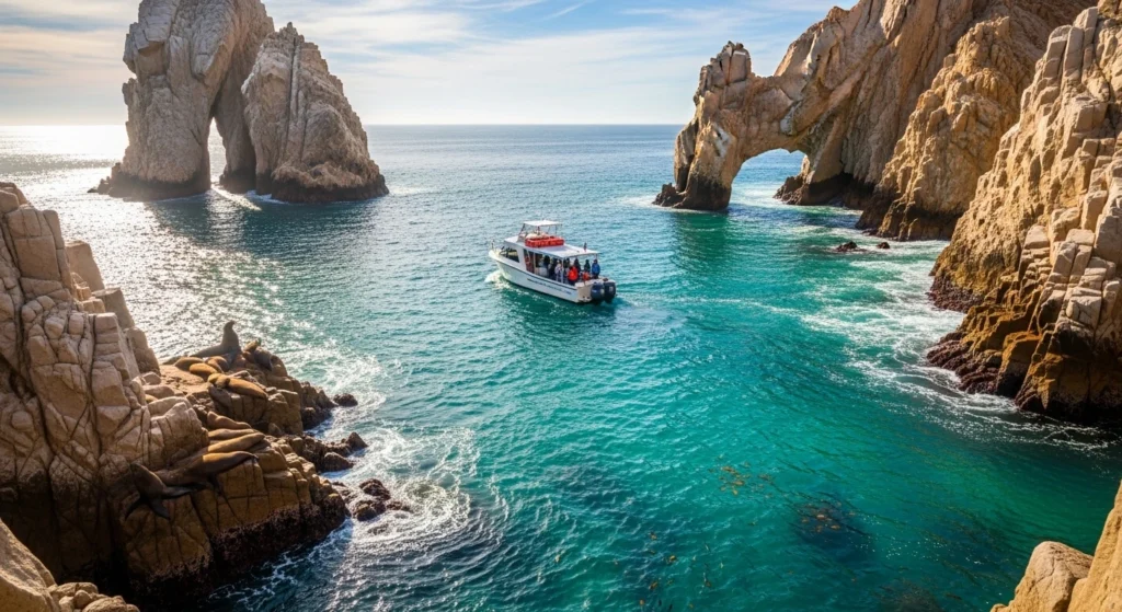 Cabo San Lucas arch boat tour near El Arco at Land’s End with a tour boat on clear blue water and sea lions resting on nearby rocks.
