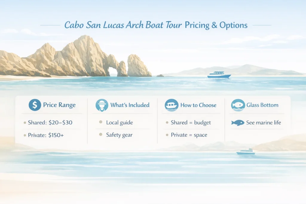 Cabo San Lucas Arch with a boat on calm blue water, showing pricing and options for boat tours including shared and private costs, inclusions like local guide and safety gear, tips for choosing, and glass bottom viewing for marine life.