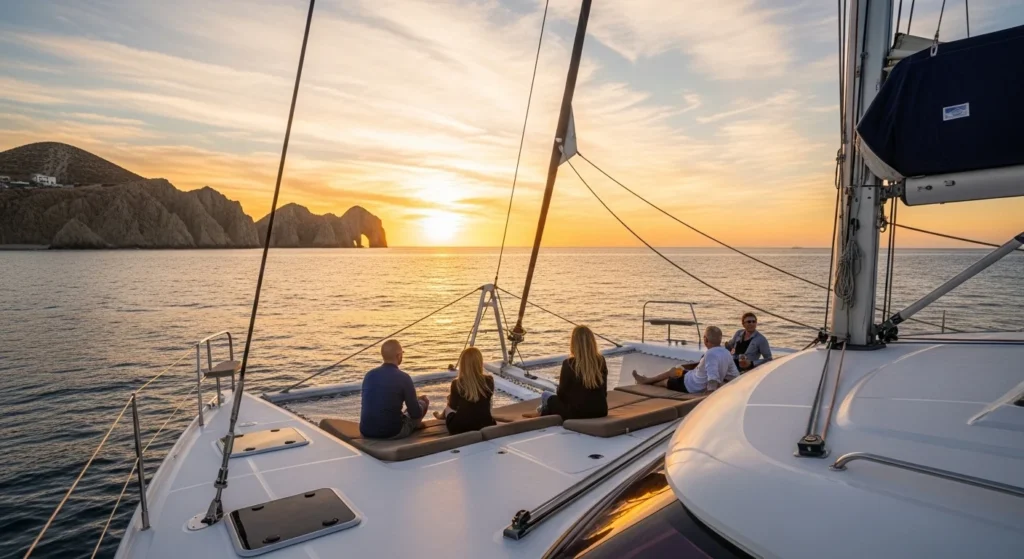 Luxury sunset catamaran cruise sailing past the Arch of Cabo San Lucas with people relaxing on deck and enjoying ocean views
