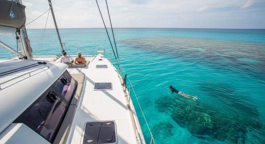 Luxury catamaran sailing in clear Cancún waters with snorkeling activity nearby, showing a Cancun snorkeling boat tour experience with reef views and calm ocean scenery.