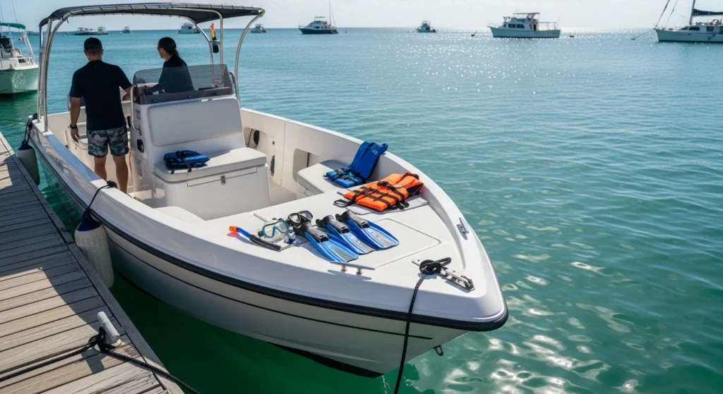 Snorkeling boat docked at a Cancún marina with minimal people and gear prepared, showing the start of a Cancun snorkeling boat tour.