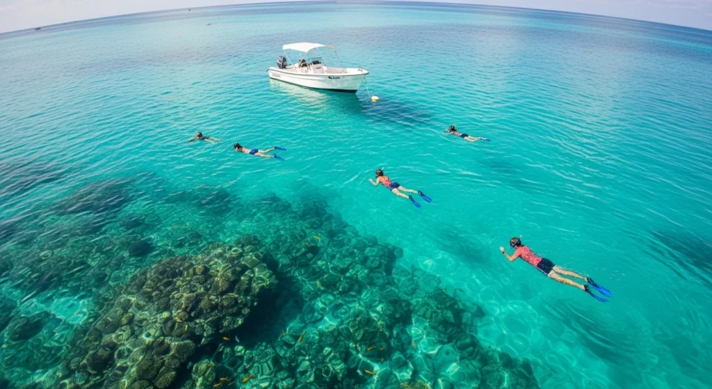 People snorkeling near a small boat in crystal-clear Caribbean water during a Cancun snorkeling boat tour, with visible coral reefs and tropical fish beneath the surface.
