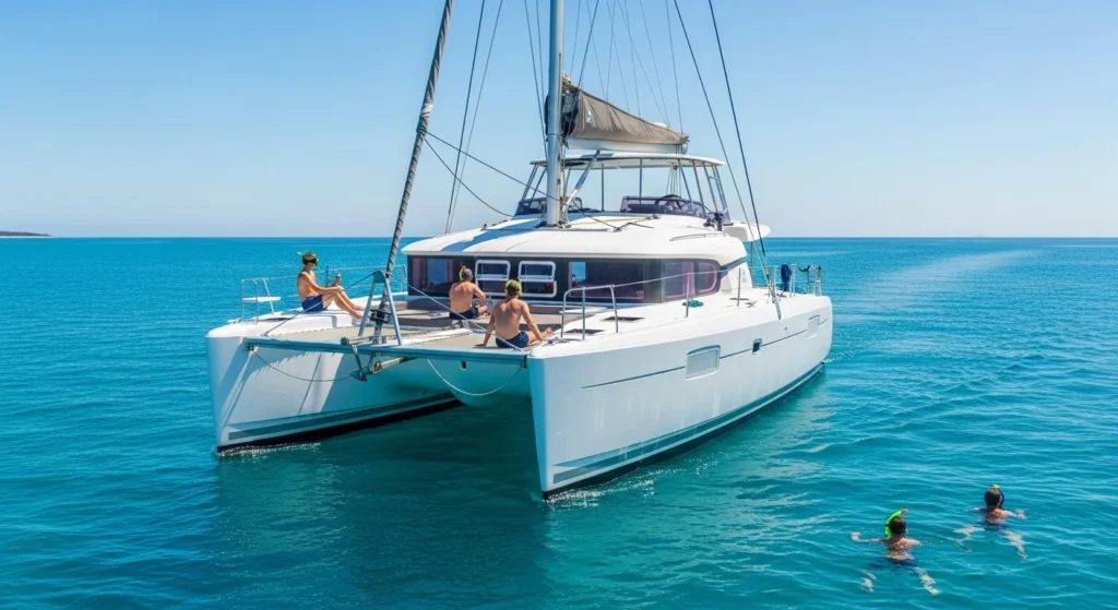 A modern catamaran sailing on calm turquoise water with a few people on board facing away.