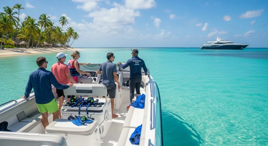Tourists boarding a luxury speedboat from the back view near Saona Island in Punta Cana with clear turquoise water and a premium boat tour experience