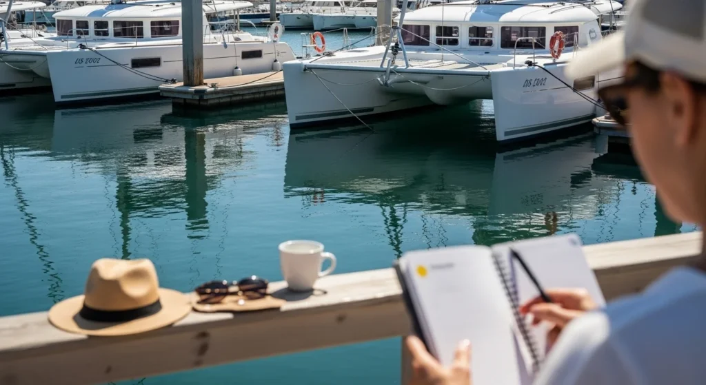 A person reviewing travel notes on a tablet at a Los Cabos marina, with catamarans docked nearby, sunglasses and a hat on the railing, and sunlight reflecting on calm water—depicting planning for the right snorkeling cruise.