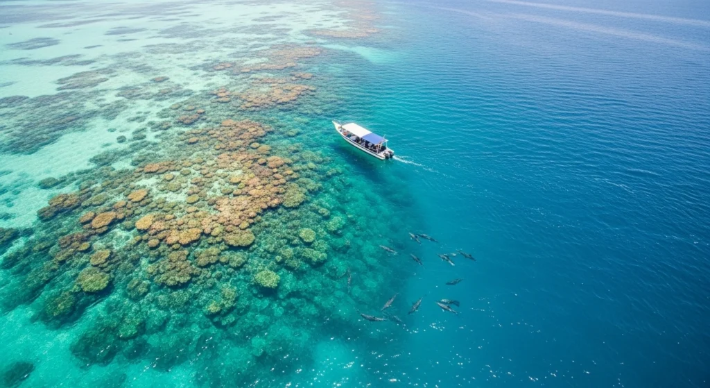 Mnemba Island boat tour showing an aerial view of a boat sailing over clear turquoise water and vibrant coral reef with marine life visible below.
