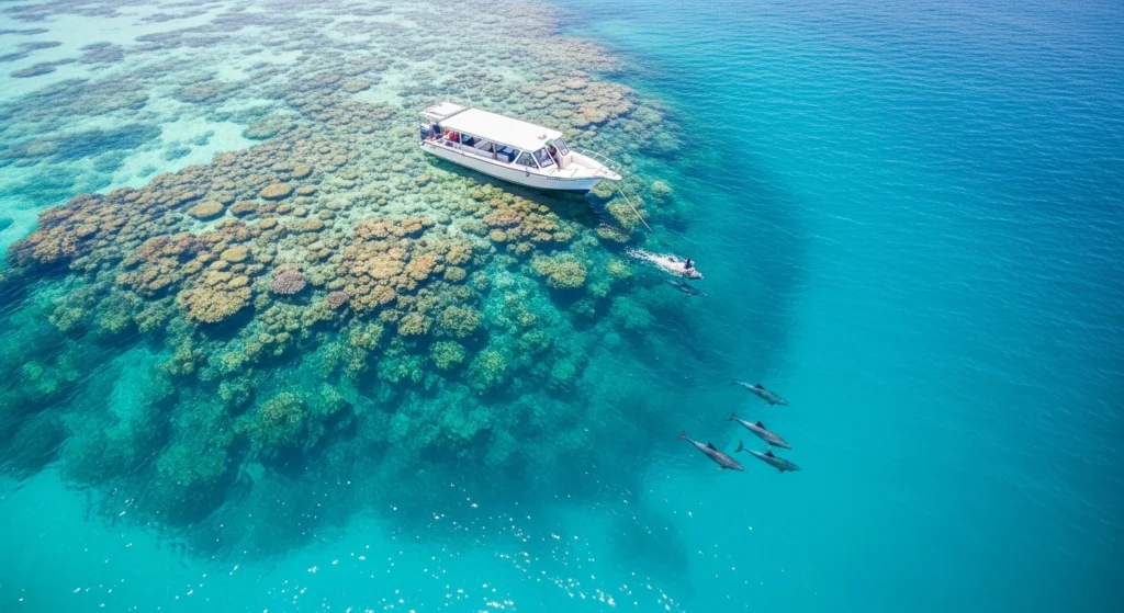 Mnemba Island boat tour with a boat near a coral reef in clear turquoise water, showing snorkeling area and marine life around Zanzibar.