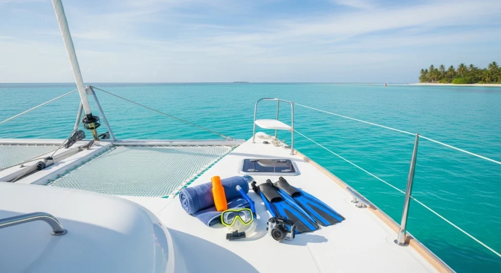Peaceful catamaran floating on clear turquoise water near Mnemba Island with snorkeling gear and beach essentials on deck under soft sunlight
