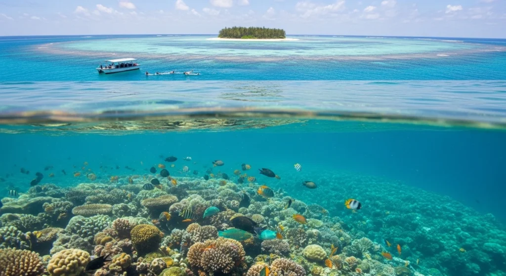 Realistic view of Mnemba Island marine reserve in Zanzibar with turquoise clear waters, snorkelers in the ocean, and vibrant coral reefs filled with colorful tropical fish under calm morning sunlight.