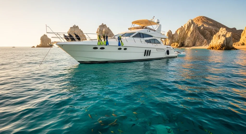 Luxury private yacht anchored in Cabo San Lucas with clear water, snorkeling view, and El Arco at sunset