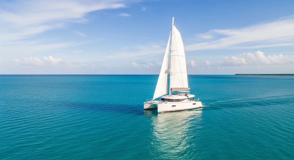 Luxury catamaran sailing alone on clear turquoise ocean water in Punta Cana under a bright blue sky, creating a peaceful and scenic view.