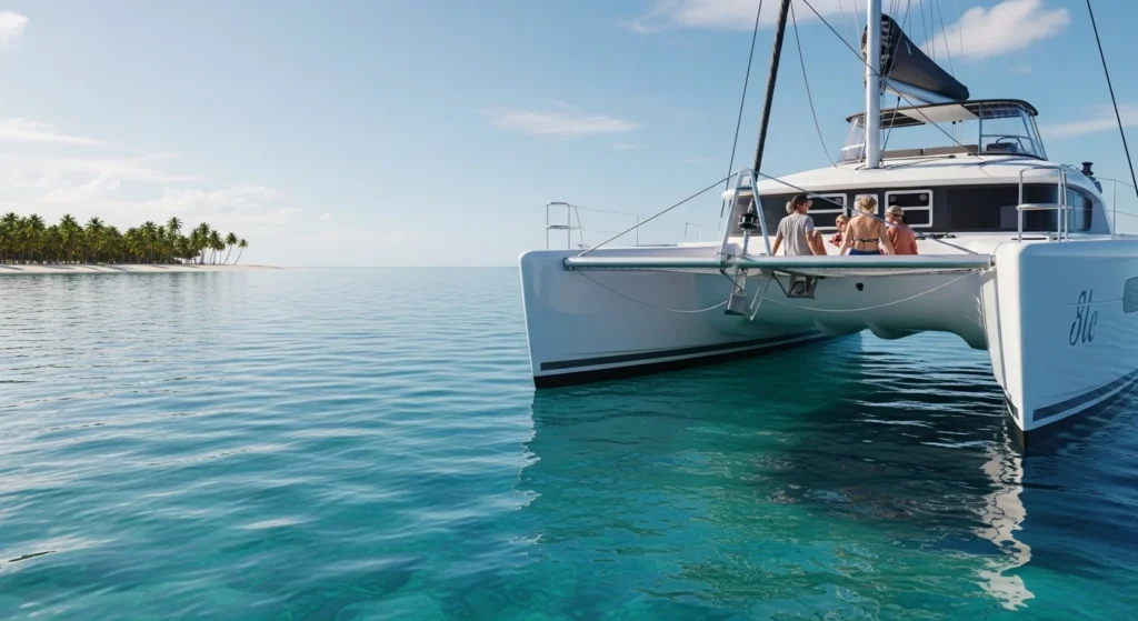 people sitting on a Punta Cana catamaran tour, viewed from the back, enjoying a calm turquoise ocean and tropical beach view