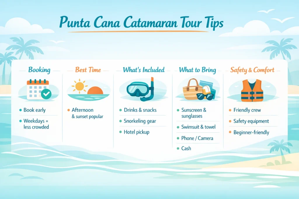 Minimal infographic of Punta Cana catamaran tour tips showing booking, best time, inclusions, what to bring, and safety information in a clean tropical design