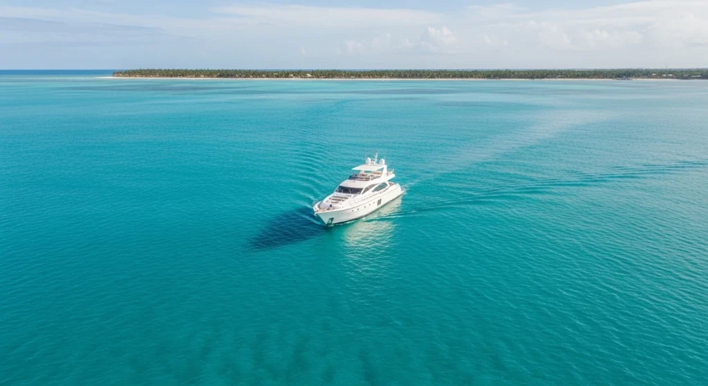 Luxury private yacht sailing on clear turquoise waters in a Punta Cana private boat tour, with a peaceful tropical coastline in the distance under a bright blue sky.