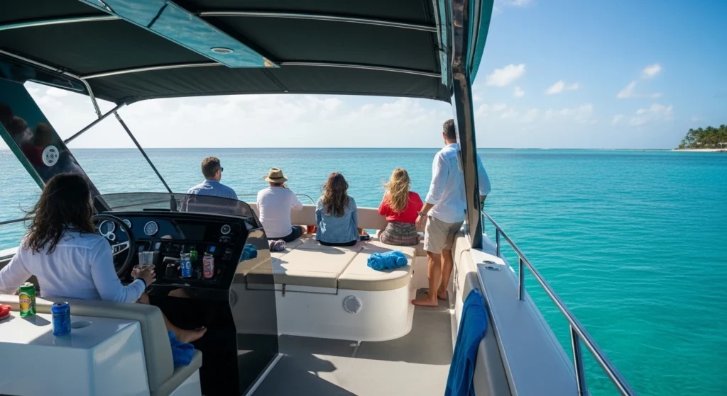 Private boat tour in Punta Cana with one or two people relaxing on a luxury boat in calm turquoise water, enjoying a peaceful and crowd-free ocean experience.