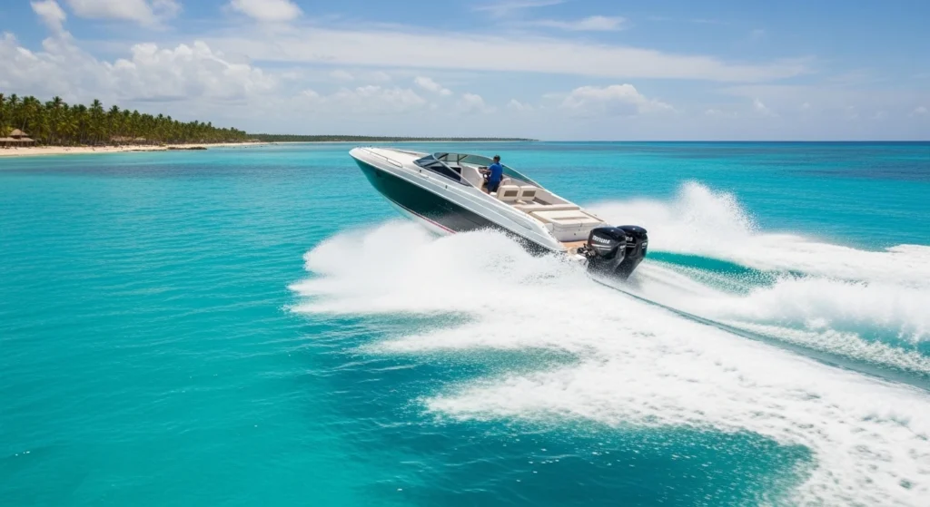 A fast speedboat moving across clear turquoise water along the coastline of Punta Cana, capturing the excitement and scenic beauty of a Punta Cana speed boat tour with bright skies, white sand beaches, and lush palm trees in the background.