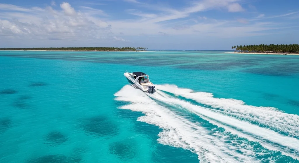 Punta Cana speed boat tour across clear turquoise Caribbean water with a fast-moving boat near a tropical coastline and white sandy beach