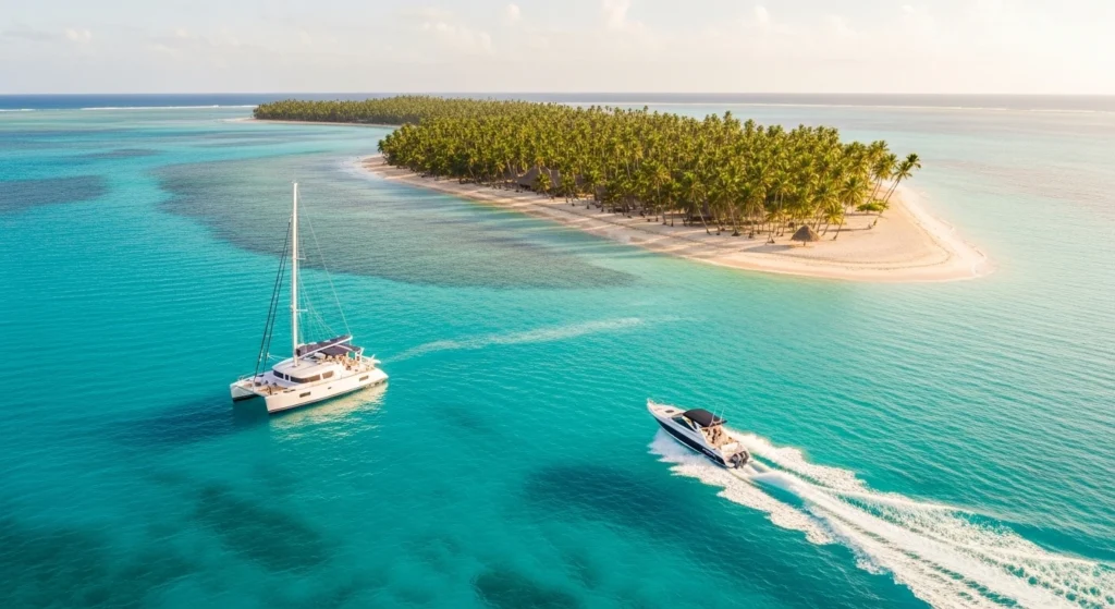 Saona Island boat tour in Punta Cana with turquoise water, white sand beaches, and a catamaran and speedboat near the island.