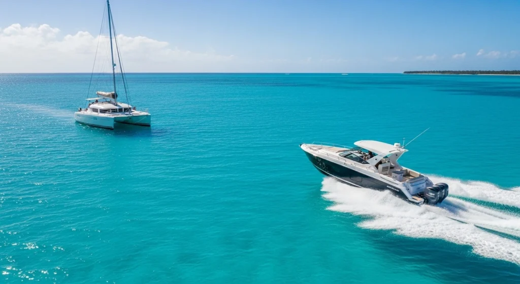 Saona Island boat tour showing a catamaran sailing calmly and a speedboat moving fast across turquoise Caribbean water near Punta Cana.