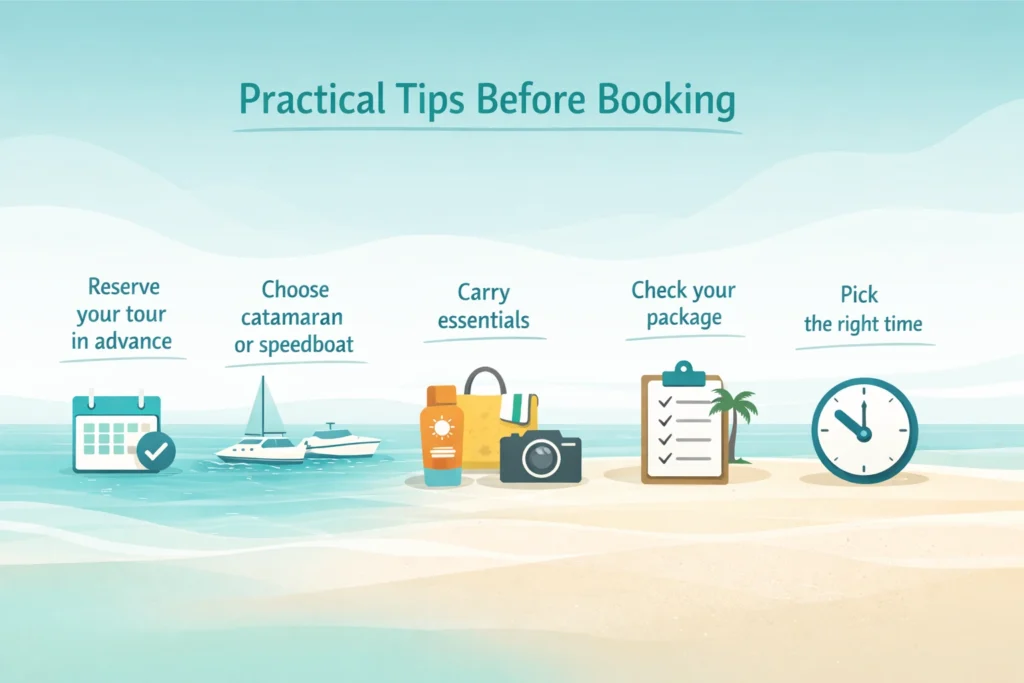 Minimalistic infographic showing practical tips before booking a Saona Island boat tour, including booking in advance, choosing catamaran or speedboat, packing essentials, checking inclusions, and selecting the right time.