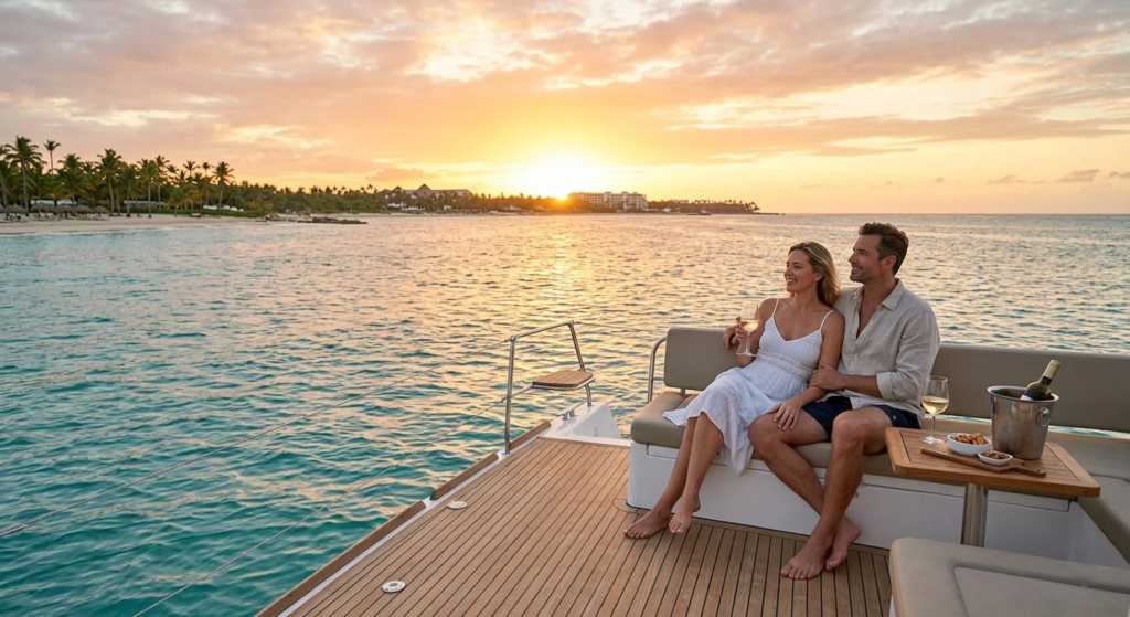 Couple on a catamaran at sunset in Punta Cana
