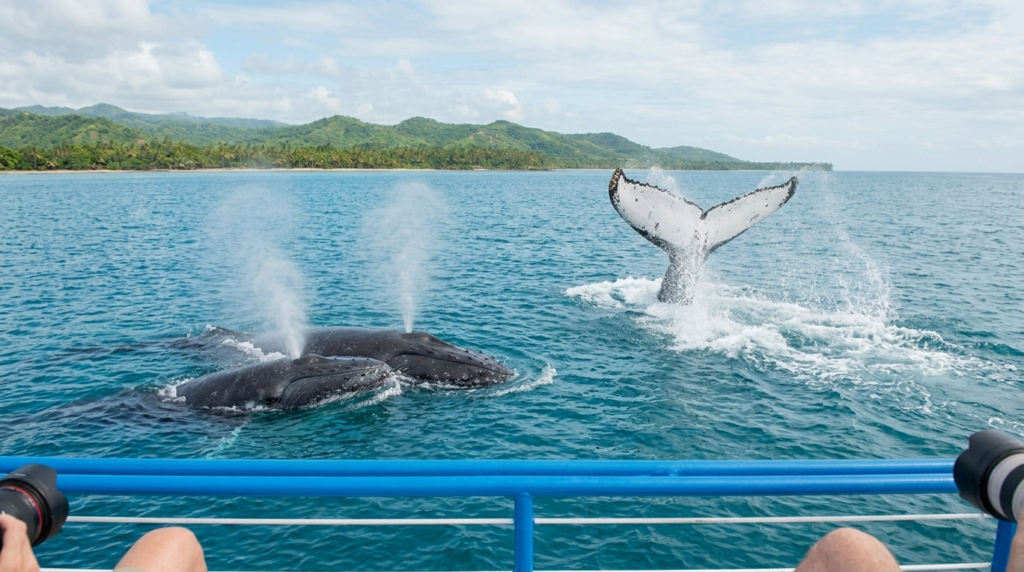 A mother and calf humpback whale spouting next to a whale tail fluke slap