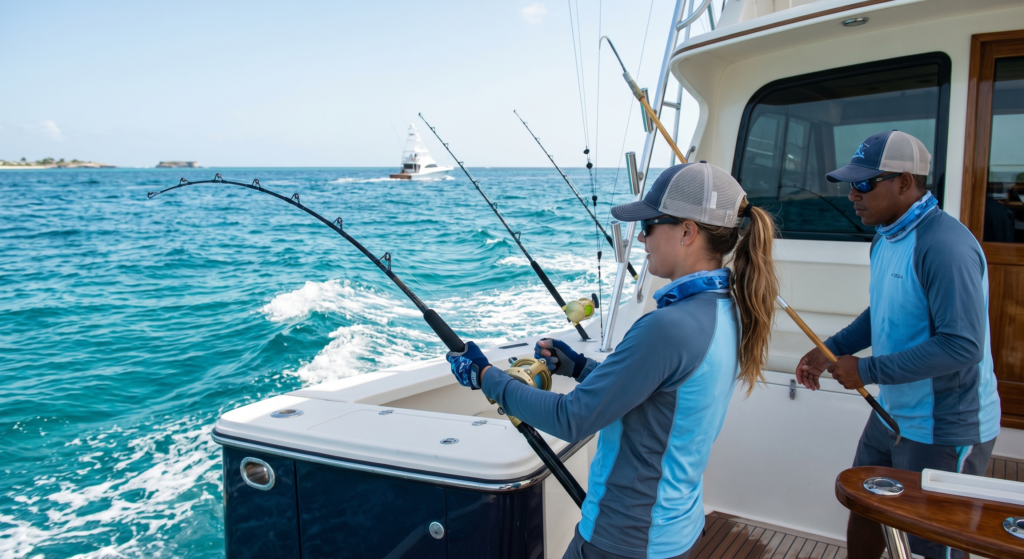 Best things to do in Punta Cana on the water – anglers enjoying deep-sea fishing adventures from a boat across sunny blue ocean waters
